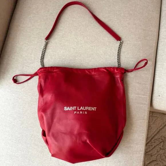 Saint Laurent Teddy Red Leather Bucket Bag NEW Silver YSL Logo Shoulder Bag